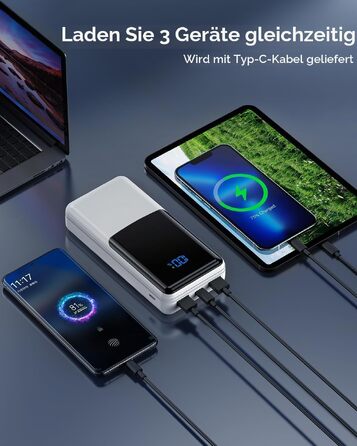 Повербанк Power Bank 27000mAh з швидкою зарядкою USB-C PD 20W, зовнішній акумулятор для iPhone та Samsung з LED-дисплеєм, 2 входи та 3 виходи (Білий)