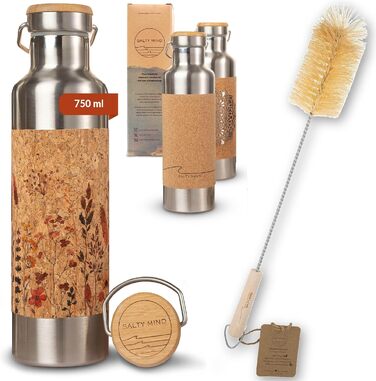 Stainless Steel Water Bottle 750ml - Sustainable, insulated Thermo Water Bottle made of Stainless Steel, leak-proof - Iso Bottle without harmful substances, BPA free - Thermos Drinking Bottle (Floral Print) (Flowers (Print) + Bottle Brush)