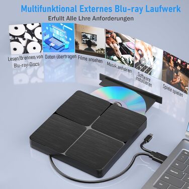 Зовнішній портативний Blu-ray привід (записувач) з двома інтерфейсами, високошвидкісний, сумісний з Windows та Mac OS