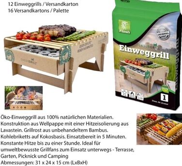 Sustainable Premium Lava Stone Disposable Grill - 6 Pieces including Starter Aid - 60 Minutes Grill Time - Wood, Bamboo, Charcoal (6)