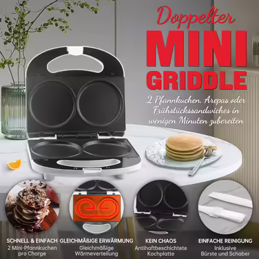 SugarWhisk Mini Pancake Maker, Pancake Maker, Electric Double Pancake Pan, Pancake Pan, Ideal for Pancakes, Cookies, Eggs, Arepas & Breakfast Sandwiches, White Mini Pancake Machine