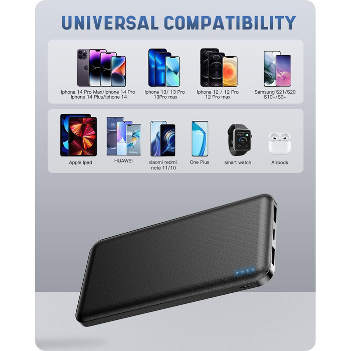 Портативний зарядний акумулятор Power Bank 10000mAh, ультратонкий, з USB-C, 2 USB виходи, сумісний з iPhone, iPad, Samsung, AirPods