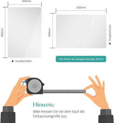Дзеркало для ванної кімнати EMKE з підсвічуванням 50x70 см, запобігання запотіванню, 3 кольори світла, регулювання яскравості, сенсорне управління, функція пам'яті та автоматичне вимкнення через 3 години, ідеально для ванної кімнати (60 x 40 см)