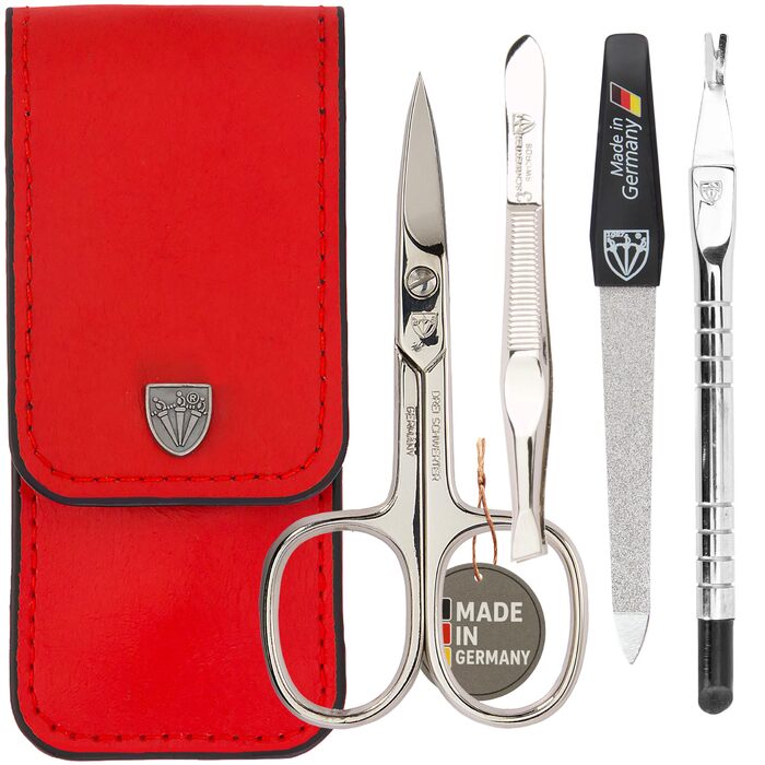 Набір для манікюру та педикюру 'Modena' від DREI SCHWERTER | 4-х частинний набір у шкіряному футлярі, виготовлений у Німеччині. Колір: Червоний. Вміст: ножиці для нігтів, пінцет, алмазна пилка для нігтів та лопатка для видалення кутикули
