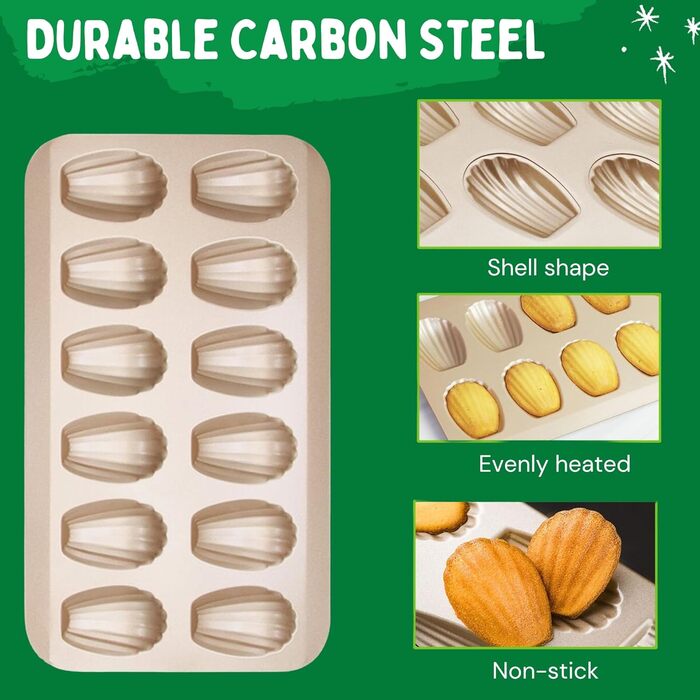 Форма для мадленів (2 шт) з антипригарним покриттям, 12 відділень, 40x24 см, з вуглецевої сталі, для випікання мадленів, кексів, брауні, шоколаду