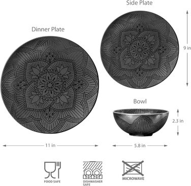 Набір тарілок та мисок Bzyoo з меламіну, 4 шт., чорний, La la Mandala. Без BPA, придатний для миття в посудомийній машині.