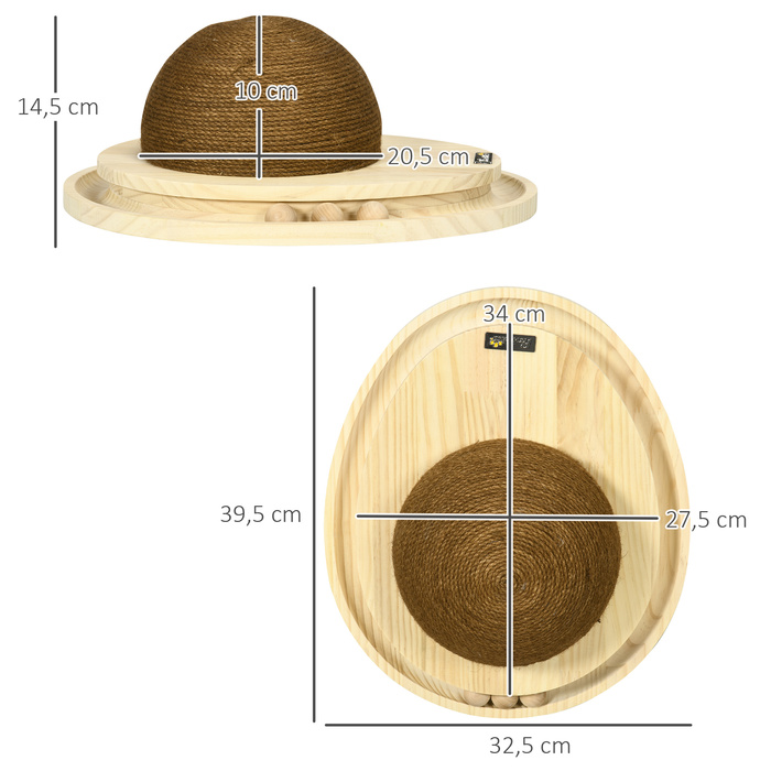 PawHut Interactive Cat Toy 2-in-1 Scratching Post with Scratching Board and Ball Track made of Jute and Pine Wood in Natural and Coffee 39.5x32.5x14.5 cm