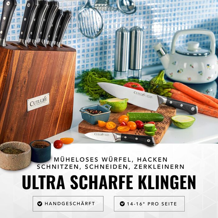 Набір ножів CUTLUXE Artisan Serie 8 предметів з бруском: кухарський ніж, сантoku, ніж для м'яса та інші. Виготовлено з високоякісної вуглецевої сталі, повнорозмірний клинок, блок з натурального акації.