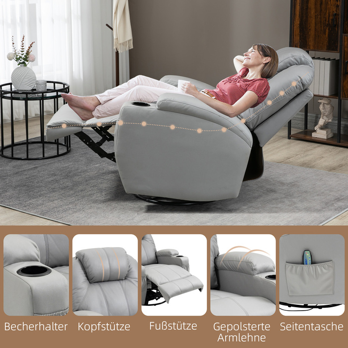 HOMCOM Electric TV Recliner Chair, Weight Capacity 150 kg, Stressless Recliner with Lie-Flat Function, Faux Leather, Light Grey