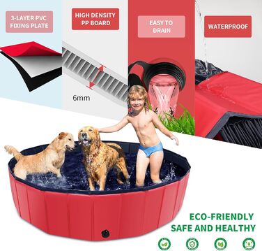 Foldable Dog Pool, 100 x 30.5 inches, Oversized, Hard Plastic, Portable, Swimming Pool for Dogs, Cats, and Children, Pet, Puppy Bathtub, Foldable, Kiddie Pool (red)