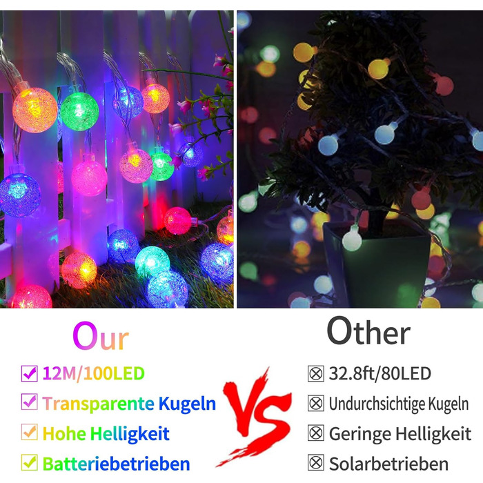 Ланцюжок прикрас RJEDL з 100 LED кулями, 12 м, IP67, з пультом, для декору балкона, вечірки, саду (тепле біле світло)