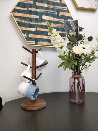 Wooden Mug Holder with 6 Hooks, Countertop Mug Stand, Coffee Bar Accessories & Organizer Station, White (Brown)