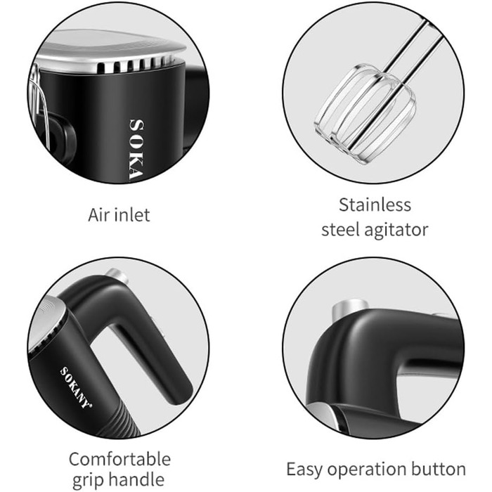 Міксер SOKANY 800W з нержавіючої сталі, 5 швидкостей, 3-в-1 (з гаками для тіста та вінчиками), Sk-02001