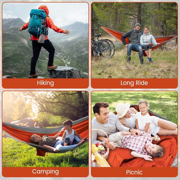 Гамак подвійний XXL 300x200 см: складаний, ультралегкий, для кемпінгу, саду, подорожей (помаранчевий)