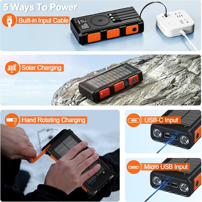 Портативний зарядний пристрій Powerbank 26800 mAh з сонячною панеллю та ручкою, 4 кабелі, USB-C, швидка зарядка, 7 виходів, 4 входи, для мобільного телефону, водонепроникний, зовнішній акумулятор для кемпінгу, оранжевий