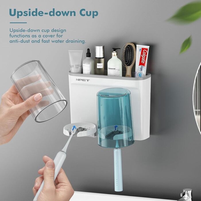 NPET Bathroom Toothbrush Holder, 3 Cups, Toothbrush Holder Set, Wall Mount, Ideal Bathroom Accessory Organization (2 Cups, Grey)