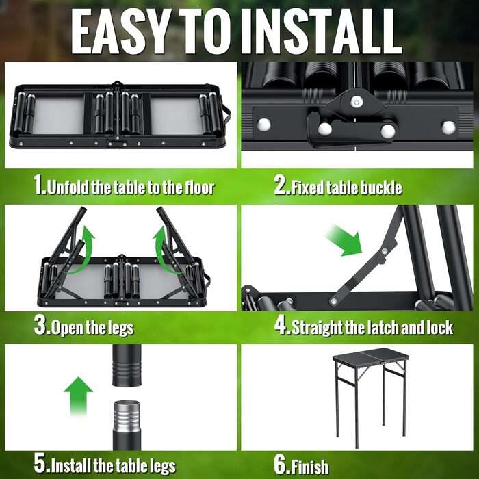 Складний кемпінговий стіл GARLLEN 60x40 см, регульована висота (27/51/75 см), чорний - для пікніка, саду, балкону, пляжу