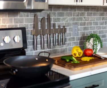 Improved 50cm Trhillsbrad Magnetic Knife Strip, 50cm Magnetic Knife Holder with 3 Hooks Stainless Steel Knife Rail Self-Adhesive, Silver Wall Mount Magnetic Strip No Drilling Knife Holder