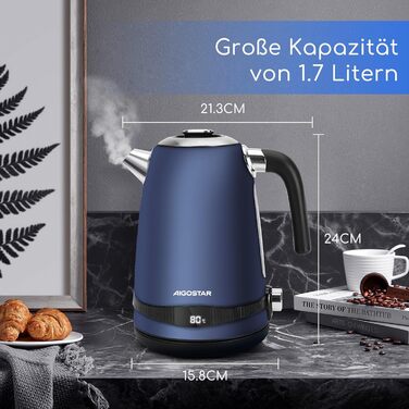 Електричний чайник Aigostar з регулюванням температури, 1,7 л, ретро-дизайн, матове покриття, цифровий дисплей, функція підтримки тепла, без пластику всередині, BPA-free (темно-синій)