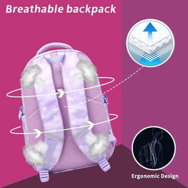 Шкільний рюкзак Tanou для дівчаток 3 шт. з ланч-боксом та пеналом, дихаючий, легкий, 22 літри, для 3-9 класів, фіолетовий зірковий принт
