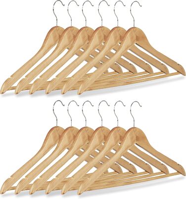 Relaxdays Clothes Hanger Set, 12 Wooden Pant Hangers, Wardrobe Hangers, 360° Swivel Hooks, WxH: 22.5x44.5cm, natural/silver