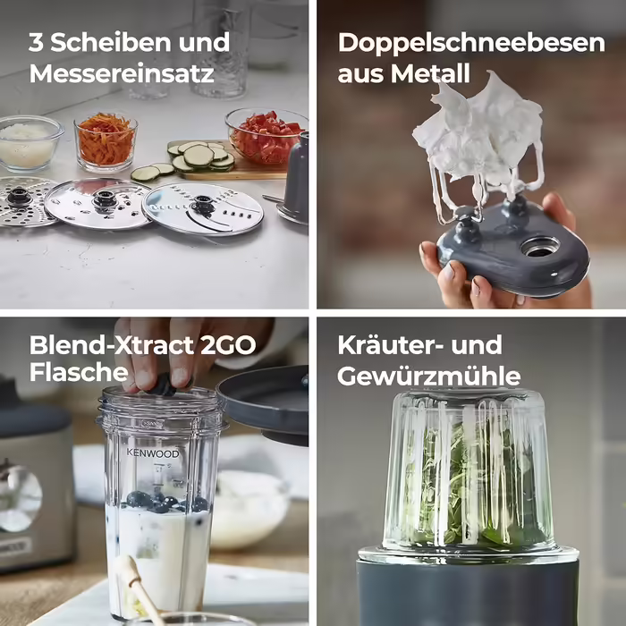 Kenwood MultiPro Compact+ FDM316SS – Compact food processor, 2.1 Liter capacity, includes stainless steel blade, 3 work discs and 8 additional accessories, integrated scale, metal housing, 800 W, Silver