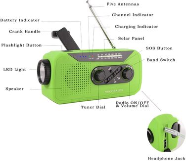 Радіо Solar-Radio з ручним приводом, AM/FM, погода, ліхтарик, SOS-сигнал, акумулятор 2000 mAh, Powerbank, роз'єм для навушників - для надзвичайних ситуацій та активного відпочинку (зелений)