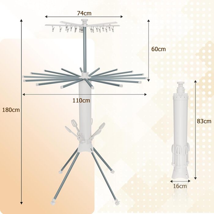 Сушарка для білизни Turm Octopus з 6 крил, 2 бічні крила, 3 яруси, сіра