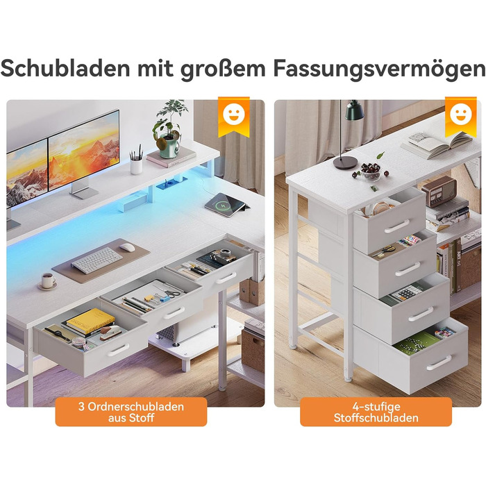 Комп'ютерний стіл Coleshome з 7 висувними ящиками та великим об'ємом зберігання, кутовий стіл з RGB LED підсвічуванням, L-подібний стіл з 2 розетками, ідеальний для офісу та геймінгу (білий, 199.5×145.5 см)