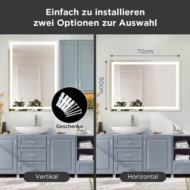 Дзеркало для ванної кімнати з підсвічуванням 50x70 см, сенсорне керування, протитуманне покриття, 3 кольори світла, регулювання яскравості, пам'ять налаштувань, матове, прямокутне