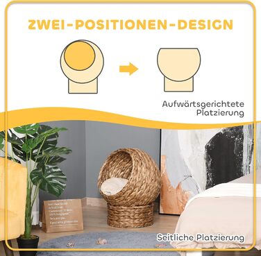 PawHut Rattan Cat Basket Cat Cave Cat House Cat Bed with Cushion Pet Bed Water Hyacinth Brown 50 x 42 x 60 cm