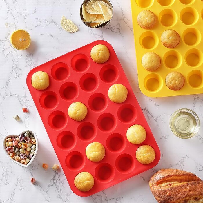 Silicone Mini-Muffin Tin, non-stick coated, 24 cavities, ideal for making muffins, cakes, tarts, bread, BPA-free, dishwasher safe, Red + Yellow, 2 pieces