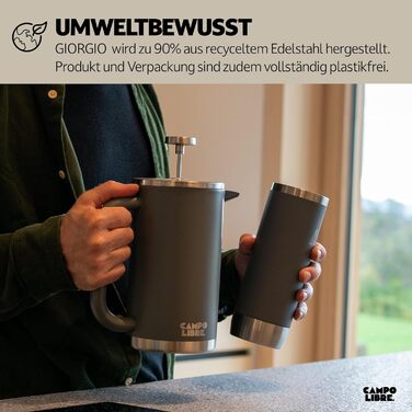 Campo Libre.® Giorgio. French Press Coffee Maker made of double-walled stainless steel 0.6l | plastic-free coffee press with thermal function incl. replacement filter | coffee maker | 100% recycled stainless steel 600ml Deep Grey
