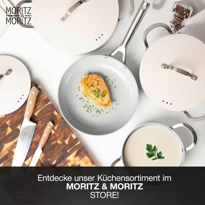 Moritz & Moritz 7-Piece Aluminum Cookware Set with Lids, Induction Compatible, including 2x Sauce Pots with Lids, 1x Serving Pan with Lid, and 1x Induction Frying Pan. Induction Cookware Set for all Cooktops, Cream color.