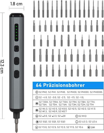 Електрична викрутка 70 в 1 з набором S2 біт, 4 LED, 200 RPM, для ремонту годинників, ПК, телефонів (срібно-чорний)