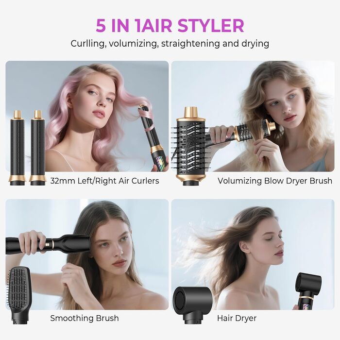 Pro Airstyler 5 в 1: Фен-щітка з іонізацією та насадкою для локонів 30 мм | 1000W, для об'єму, сушіння, випрямлення та локонів (Чорний)