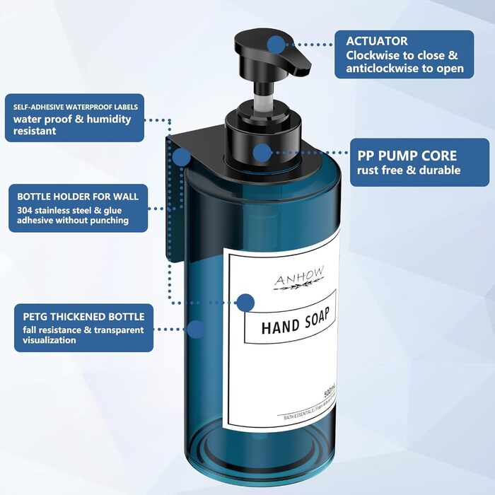 Набір дозаторів для мила на стіну 4er, блакитний (500 мл) - без свердління, з наліпками для душу/кухні/ванної кімнати