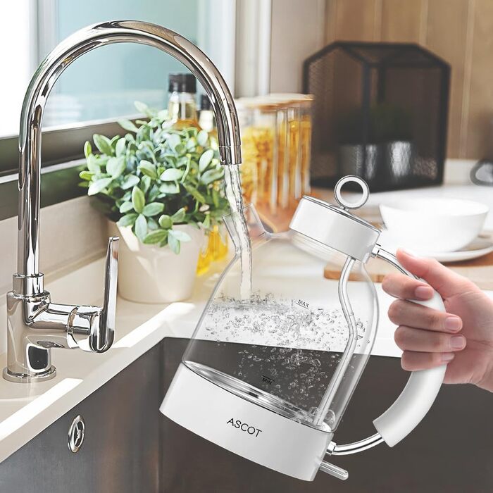 Електричний чайник ASCOT з боросилікатного скла, 2200W, 1.5L, без BPA, тихий, з функцією захисту від сухого кипіння та автоматичним вимкненням, білий