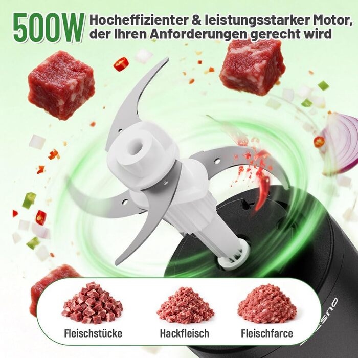 Електричний подрібнювач OUSFOT Multizerkleinerer, 1.8L, 500W, з скляною чашею. Підходить для овочів, фруктів, м'яса. Чорний.