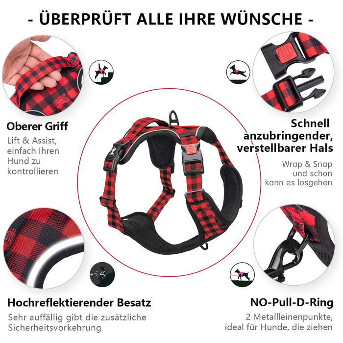 Нашийник для собак PoyPet без обмежень, світловідбиваючий, м'який, з простим закриттям, для маленьких собак (S, в клітинку, червоний)