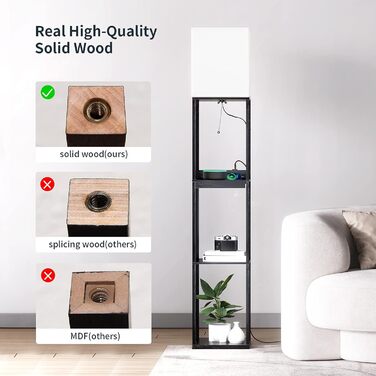 Підлогова лампа SUNMORY з полицею з масиву дерева, 3 режими кольору, 2 USB-порти та ящик, для вітальні, спальні, чорна (з лампочкою)