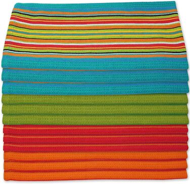 Salsa Striped Kitchen Towels, 100% Natural Absorbent Cotton, Waffle Weave, Multi-Purpose, Festive, Red, Orange, Green, Blue, 28 x 16 inches, 12 Pieces