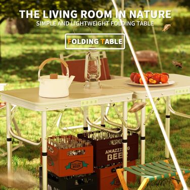 Складний алюмінієвий стіл для пікніка, кемпінгу, саду та вечірок 120x60x70 см, регульована висота