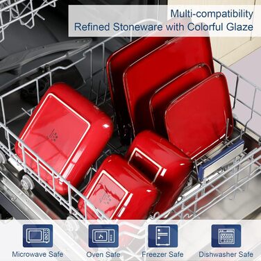 LOVECASA Сервіз Tafelservice Vibri, 16 частин, квадратний сервіз з кераміки для 4 осіб | Тарілки, чашки, десертні тарілки та миски, (Червоний, 16 частин)