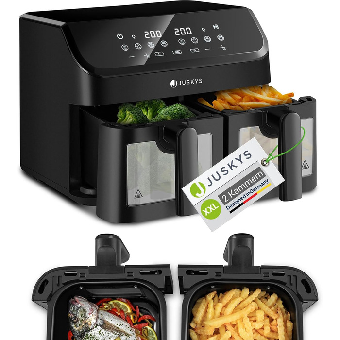 Juskys Air Fryer 9 L Double Chamber - XXL Fryer with 2 Baskets, 9 Programs, Smart Finish, Teflon-Coated