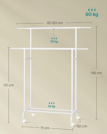 SONGMICS Clothes Rack with 2 Clothes Rods, Extendable Wardrobe Rail, with Wheels, Coat Rack, Height Adjustable between 113 and 180 cm, Lower Rod Adjustable, LLR401R01 (Cloud White, 120D x 50W x 156H cm)