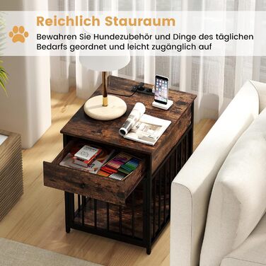 Клітка для собак COSTWAY, вольєр для собак з зарядною станцією, дверцятами, ящиком та металевими трубами, собача будка, приліжкова тумбочка, для маленьких та середніх собак, вінтажний коричневий, 50 x 60 x 64 см