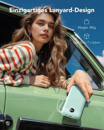 Power Bank VRURC 20000mAh з USB-C, 22.5W, LED дисплей - Зовнішній акумулятор для iPhone, Huawei та інших (Зелений)