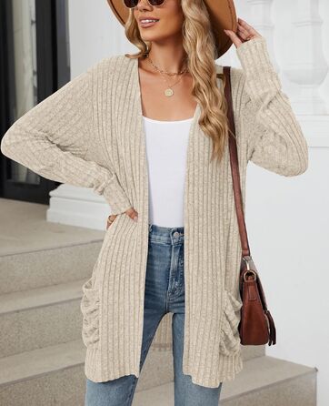 Кардиган жіночий Strickjacke Eegant бежевого кольору, розмір XXL. Теплий в'язаний кардиган з кишенями, еластичний трикотаж.