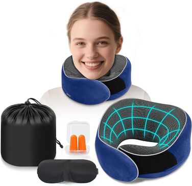 Подушка для шиї у літак, подушка для подорожей Memory Foam, подушка-вовчок для дорослих, ергономічна підтримка шиї з 3D-маскою для сну, навушниками, сумкою - ідеально для літака, авто, дому, офісу, блакитна подушка для сну